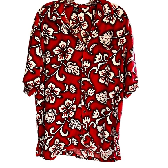 Hibiscus Collection Hawaiian Mens Shirt XL Short Sleeve Red Hawaiian Button Up - Picture 3 of 8